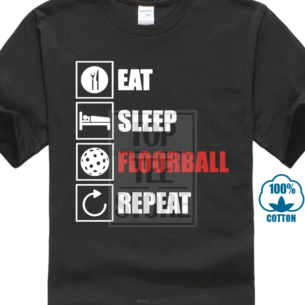 Floorball Eat Sleep Repeat Футболка стильная Весенняя Мужская футболка с круглым вырезом и