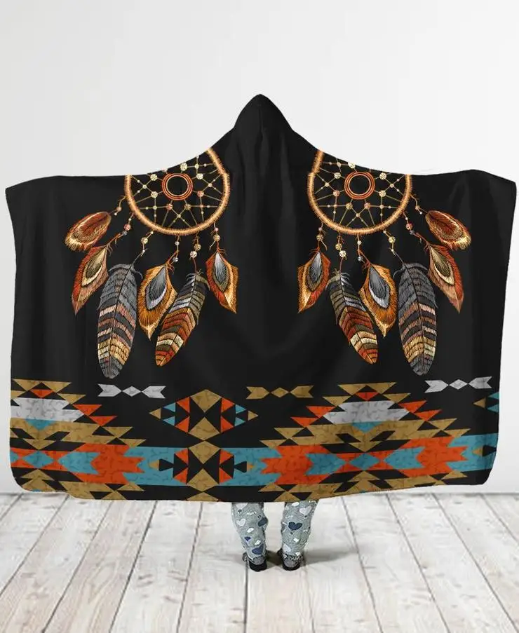 

Plstar Cosmos Birds Feather/Native/Buffalo Head Motifs Hooded Blanket 3D full print Wearable Blanket Adults men women style-7