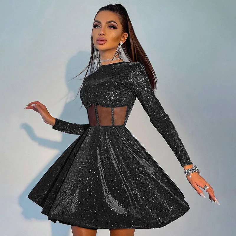 

Elegant Women Dress Hollow Sequin Sexy Clubwear Party Dress Autumn Winter Long Sleeve Transparent Sexy Mini Dress