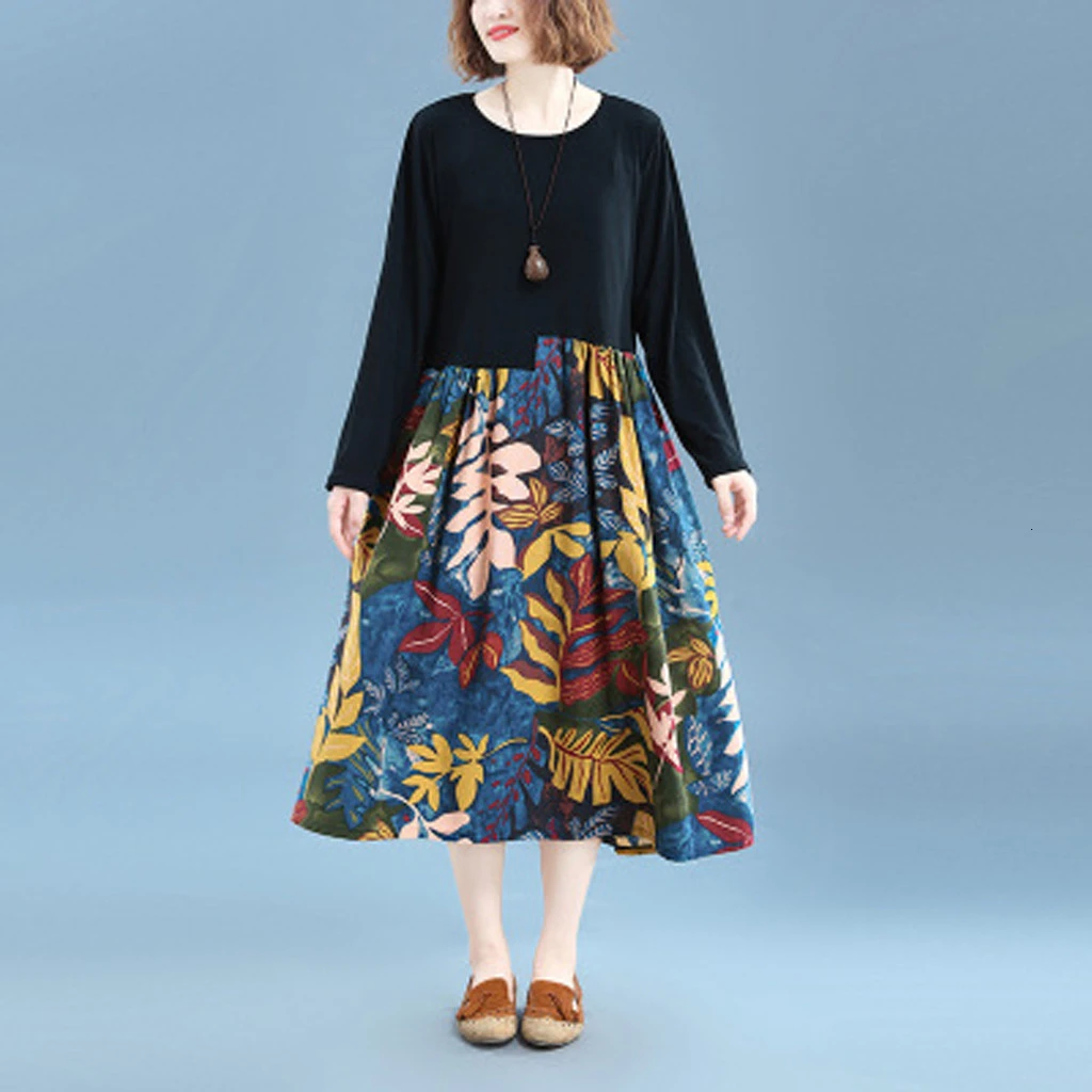 Women Dress Round Collar Cotton Color Collision Print Long Sleeve Female Autumn Winter Casual Plus Size M840# | Женская одежда