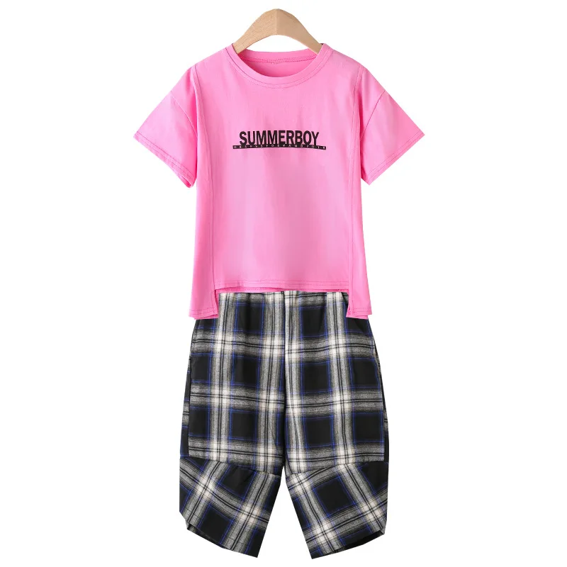 

Girls out to sea summer style suit short-sleeved plaid pants child leisure fashion web celebrity two-piece big virgin summer w