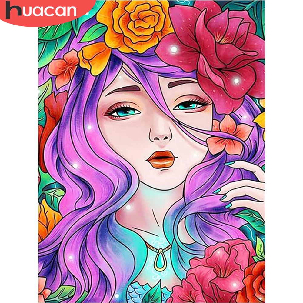 

HUACAN Diamond Painting Beauty Flower Home Decor 5D DIY Diamond Embroidery Girl Mosaic Cross Stitch Portrait Handmade Gift