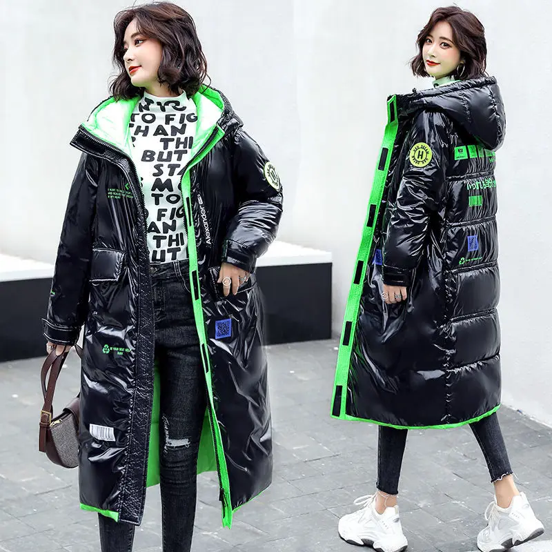 

2021 winter new down padded jacket women's long over-the-knee shiny cotton-padded jacket thick loose hooded jacket tide
