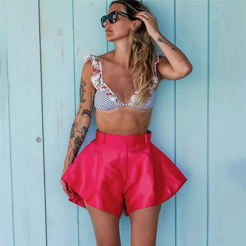 

FANTOYE Summer Wide Leg Shorts Skirt Women Sexy High Waist Ruffle Hem Loose Short Pants Streetwear Animal Print Shorts Oversize