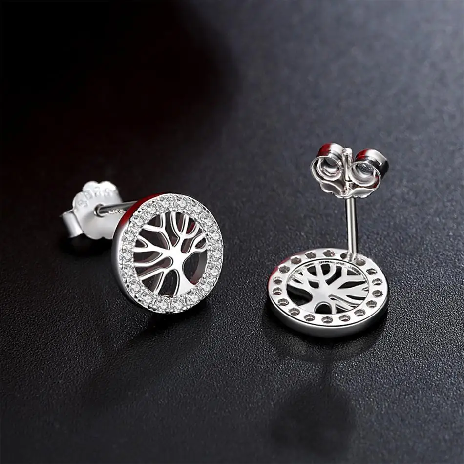 Luxury 925 Sterling Silver Stud Earrings with Rhinestone Circle Tree of Life for Women Birthday Jewelry silver earrings | Украшения и