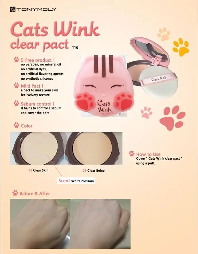 TONYMOLY Cats Wink Clear Pact 11g Natural Face Powder Mineral Foundations Oil-control Brighten Concealer Whitening Makeup |