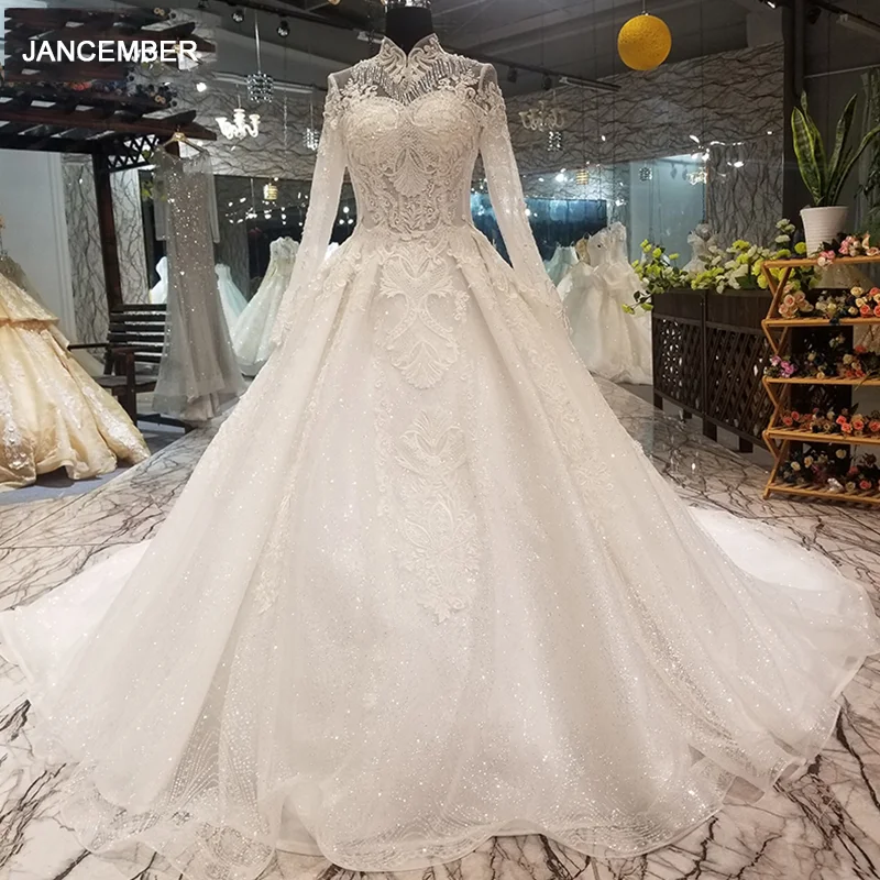 LS07871 мусульманское свадебное платье с длинным шлейфом высоким воротом и рукавом