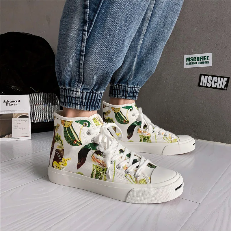 

Fashion Printed Mens Canvas Shoes Sneaker Flowers White Vulcanized Shoes Men High Top Sneakers Casual Espadrilles zapatos hombre