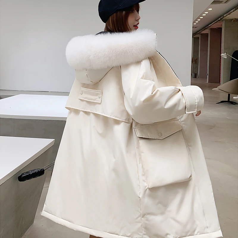 Женский пуховик с лисьим мехом утолщенное пальто средней длины в Корейском стиле