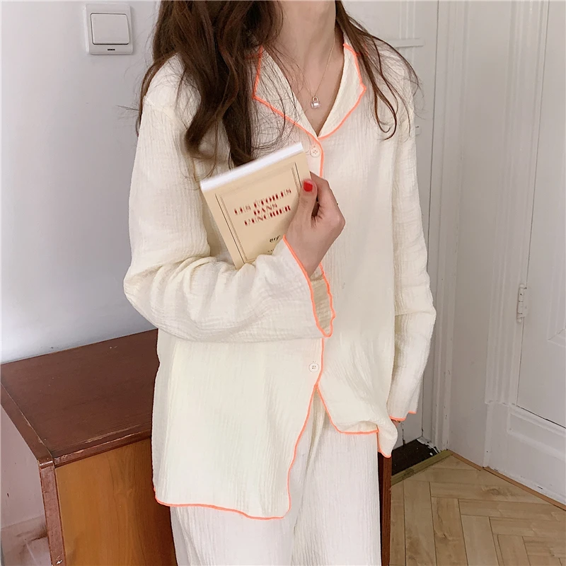 

spring women 100% cotton loose solid pajamas set turndown home clothes autumn casual chic sleeping suit female