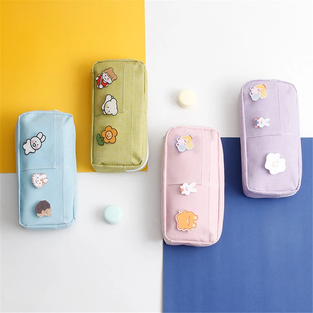 

Aesthetic Canvas Pencil Case Badges Kawaii Kids Pencil Bag Girls School Supplies Makeup Bag Cards Holder Organizer