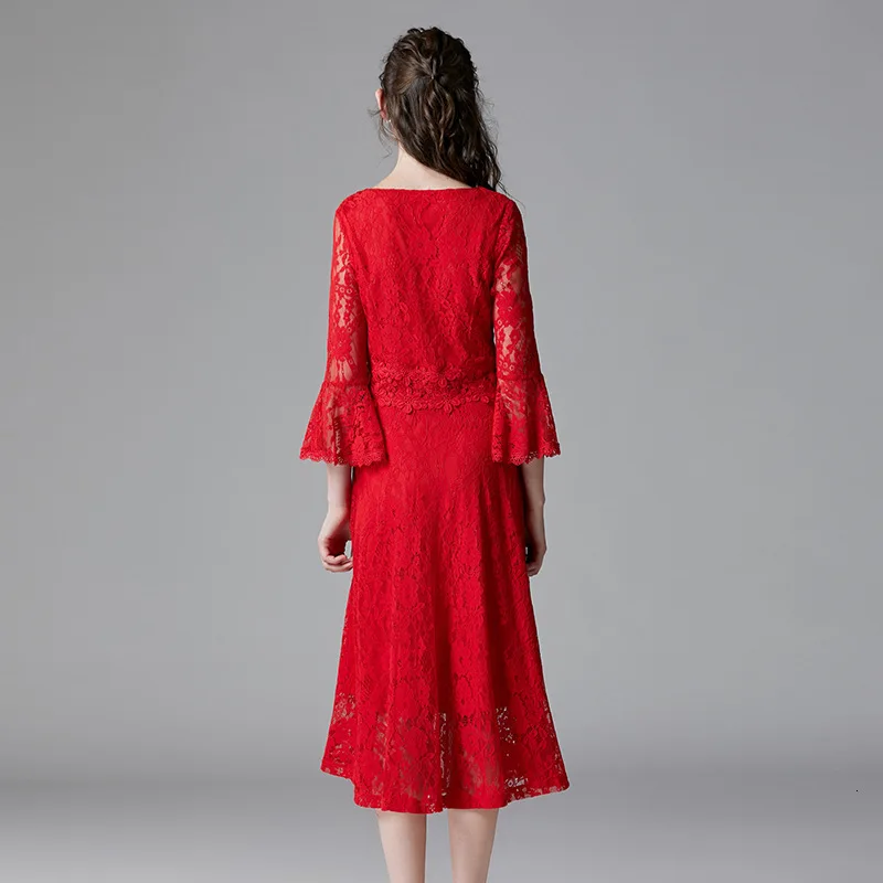 

Fashion Lace Dress Women Solid Red Color Elegant Mid Dress Autumn Slim Waist Flare Sleeve V-neck Vintage Dress Plus Size Vestido