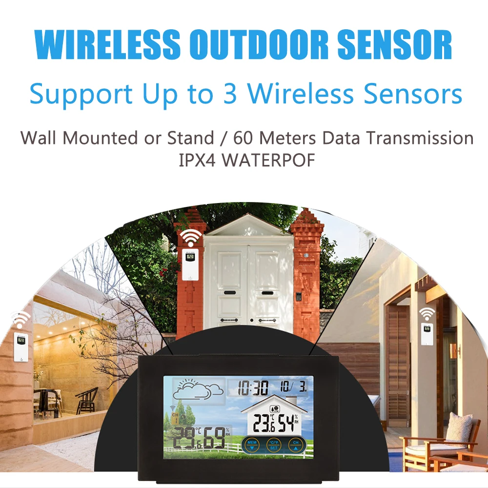 

Wireless Weather Station Forecaster Indoor Outdoor Thermometer Hygrometer with Sensor Color Touch Screen Alarm Clock Calendar