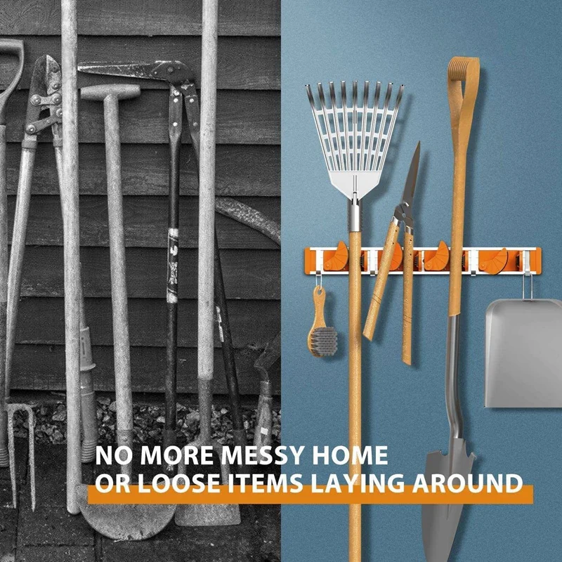 

Wall Mount Mop Broom Holder Garden Kitchen Tool Organizer Wall Hanger for Home Goods (4 Positions with 5 Hooks, Orange)