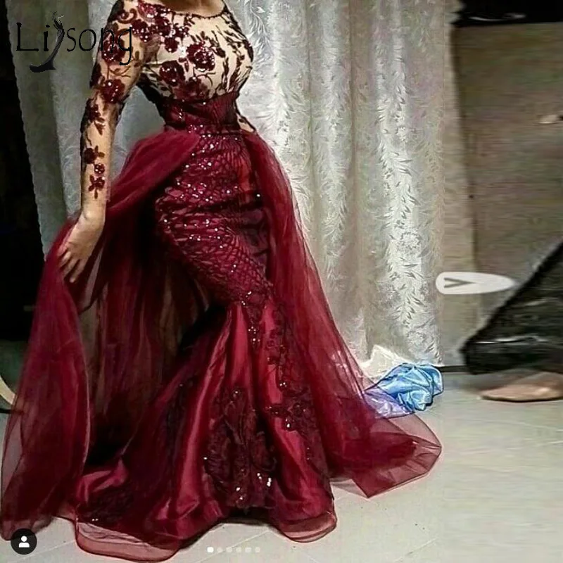 

Burgundy Sequined Floral Lace Mermaid Prom Dresses With Detachable Train Modest Full Sleeves Prom Gowns Muslim Formal Dresses