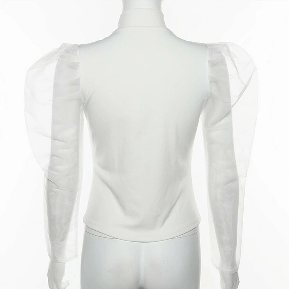 

Fashion Women Summer See-through Puff Sleeve Top Sheer Mesh Blouse Long Sleeve Ladies Shirt