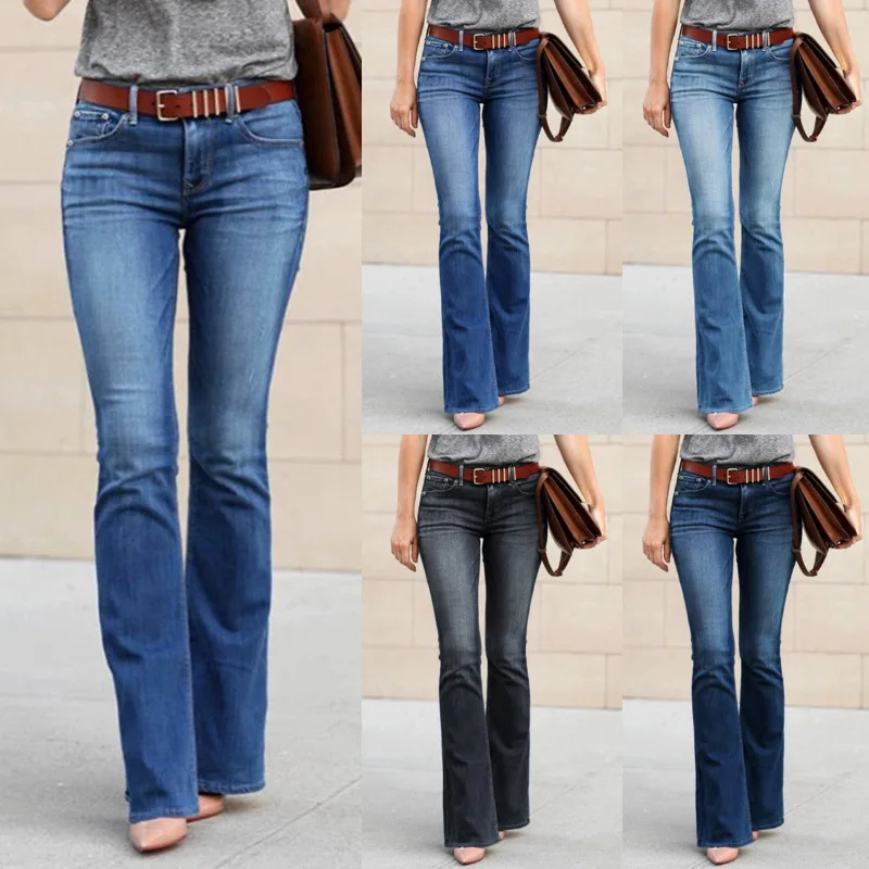 

Boyfriend Jeans For Girl Elastic Waist Slim Fit Elegant Female Denim Trousers Bell Bottom Streetwear Flared Womens Pants