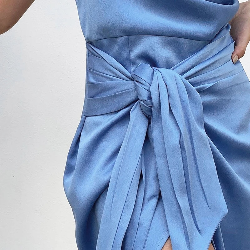 

ONEINALL Blue Elegant Women's Dress V Neck Sleeveless High Waist Lace Up Bowknot Split Pencil Dresses For Female 2021 Summer New