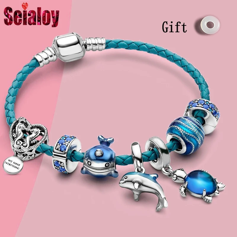 

Blue Ocean Seahorse Narwhal Beaded Dolphin Sea Turtle Charm Bracelets For Boys Girl Original Genuine Leather Kids Child Bracelet