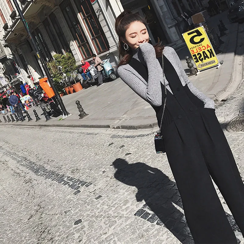 

2021 Autumn Winter Women's New Sweater + High Waist Strap Wide Leg Pants Two Piece Set Fashion Elegant Lady Trouser Suits