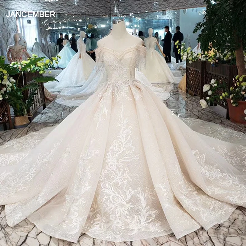 

Свадебное платье с открытыми плечами со шлейфом и кристаллами, винтажное свадебное платье 2020, бальное платье принцессы с аппликацией, милое...