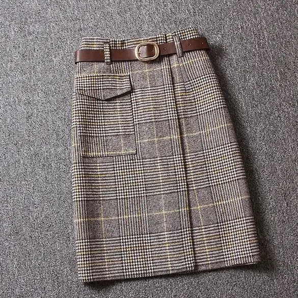 

2020 New Style for Autumn Winter Vintage High-Waisted Wool Plaid Skirt Female Fashion Thin Hip Medium-Length Woolen Skirt