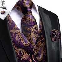 hi tie 100 silk purple gold paisley mens vests with neck tie hankerchief cufflinks set jacquard waistcoat for wedding business