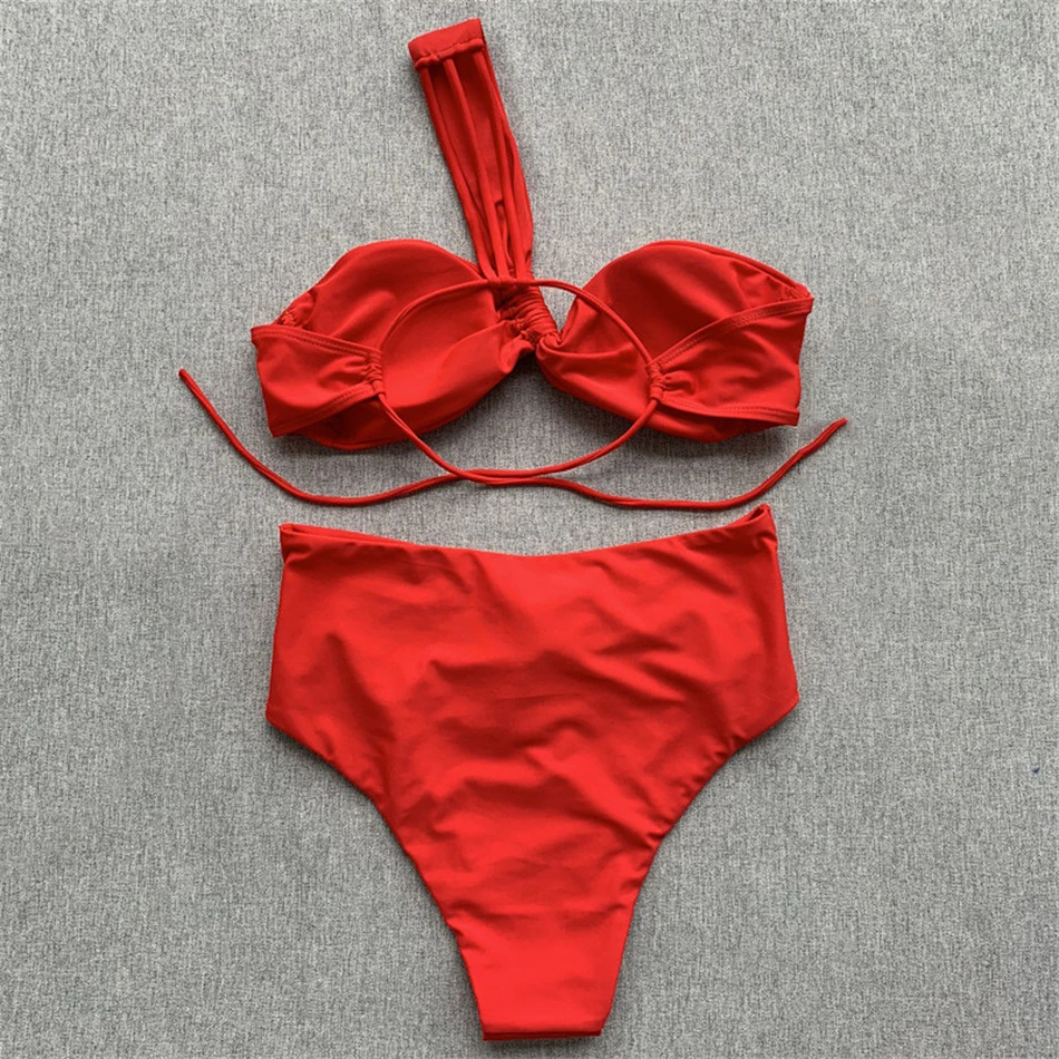 Женский купальник с высокой талией однотонный бикини одним плечом бандо бандаж