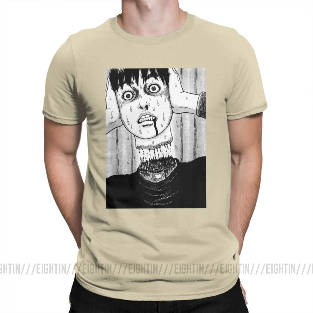 Футболка с воротником под горло HoJunji Ito для Хэллоуина; стильные мужские футболки с короткими рукавами и круглым вырезом; одежда из чистого хлопка; футболки с принтом - Цвет: Хаки