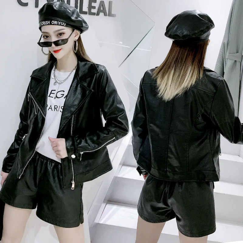 

Pu Leather Jackets Women Winter Clothing Set Leather Short Pants +Leather Coats Jackets for Women 2021 Spring New Black Jakets