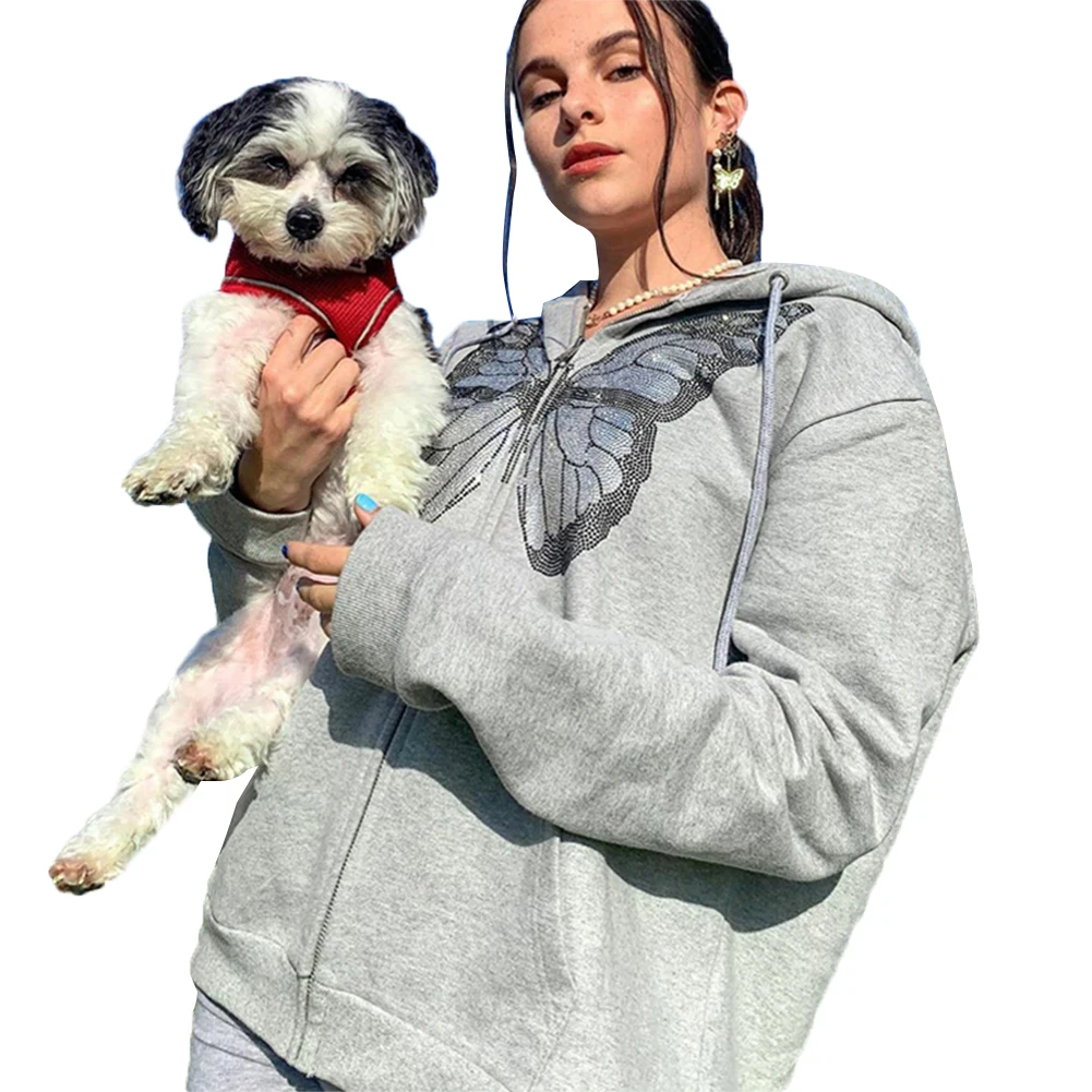 

Women Autumn/Spring Sweashirt Female Zipper Hoodies with Strap Girl Butterfly Printed Pocket Hoodie Long Sleeve Loose Hoodie S-L