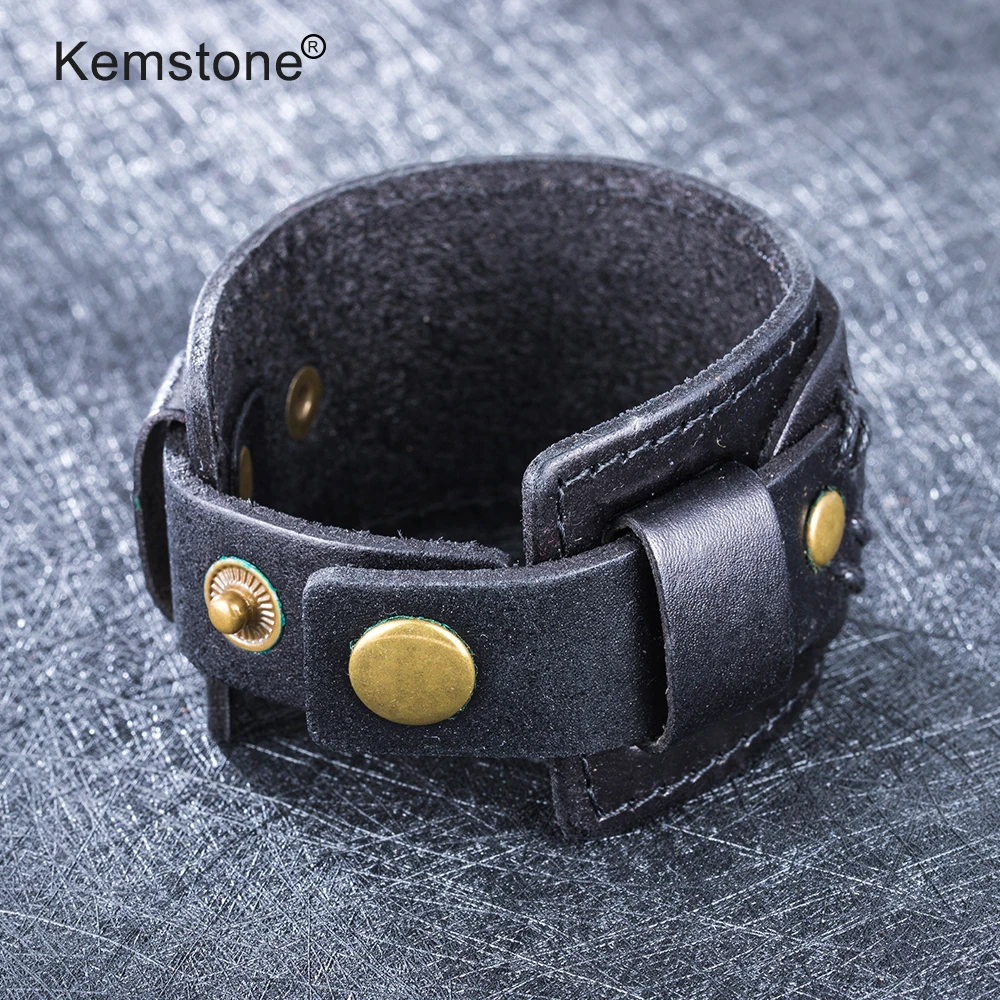 Kemstone стильный 44 мм ширина прямоугольник из искусственной кожи черный браслет крутые ювелирные изделия подарок для мужчин
