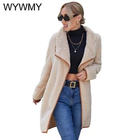 wywmy women coat autumn warm irregular large lapel double sided lamb wool overcoat solid color long sleeve plush coats for women