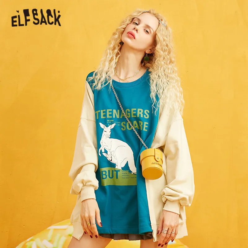ELFSACK пуловеры с принтом кенгуру из кусков женские свитшоты осень 2019 рукав реглан