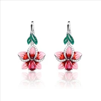 ofertas new fashion creative red flower green leaf epoxy dyed white zirconia clip earrings for women