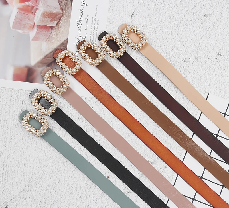 

Korean Fashion Pearl Diamond Women's Soft Belt Joker Retro Fine Belt Decoration with Skirt Cowhide Leather Belt