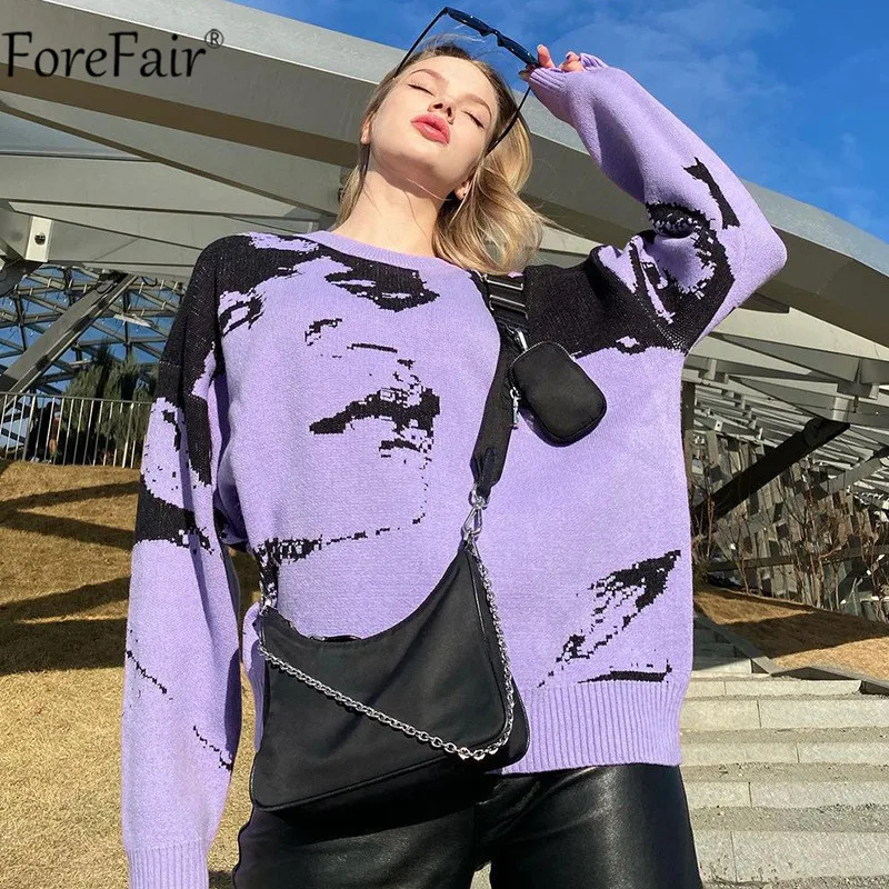 

Forefair 2021 Autumn Winter Loose Sweater Top Women Fashion Casual Jumper O Neck Long Sleeve Print Oversized Pullovers
