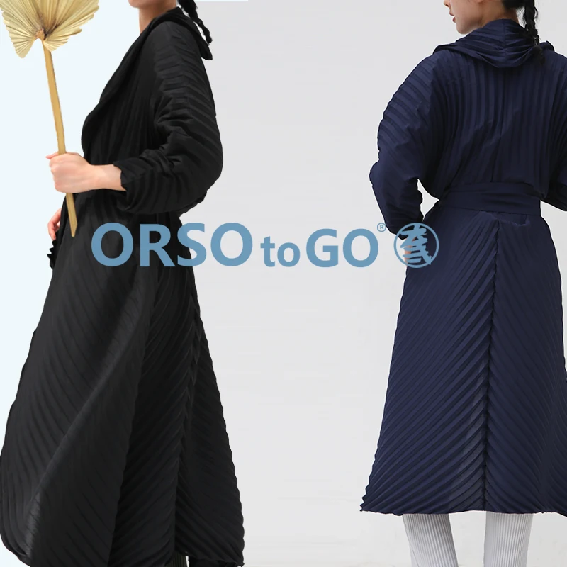 Осенняя модель модные однотонные длинные плиссированные пальто Miyake с ремнем в