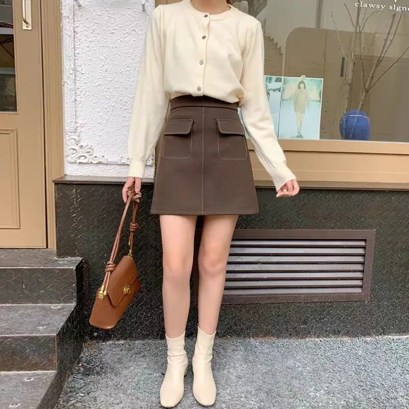 

Bright Line Decoration Skirts Women 2021 Autumn Winter Mini Pencil Skirts Wool Skirts Korean High Waist Elegant Skirt Lady Y398