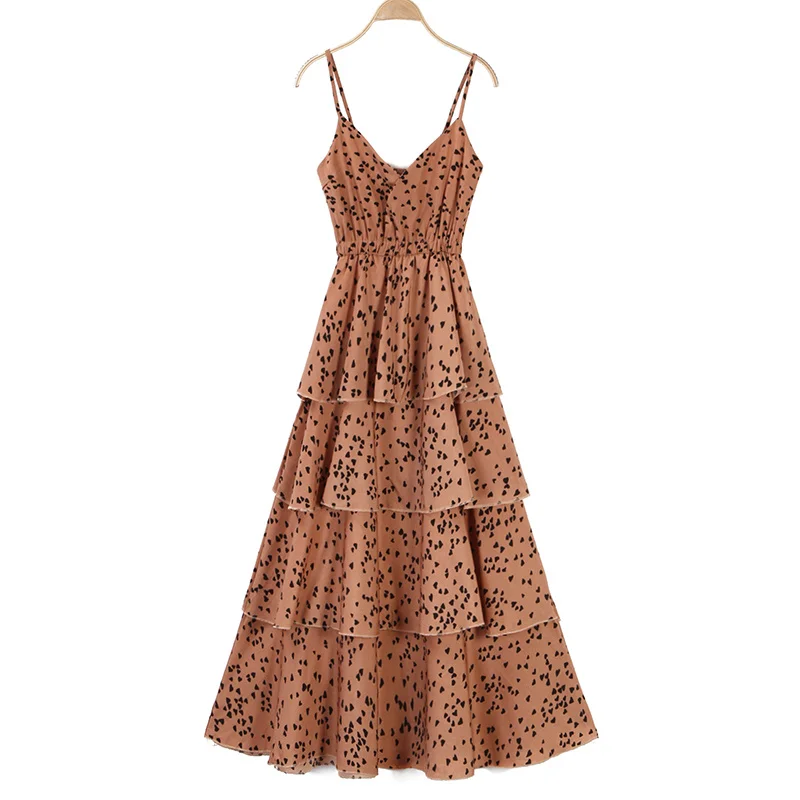 

Mori Girl Line Preppy Style off-the-Shoulder Strap Printed Cake Sweet Elastic and Waisted Slim Slimming Midi Dress