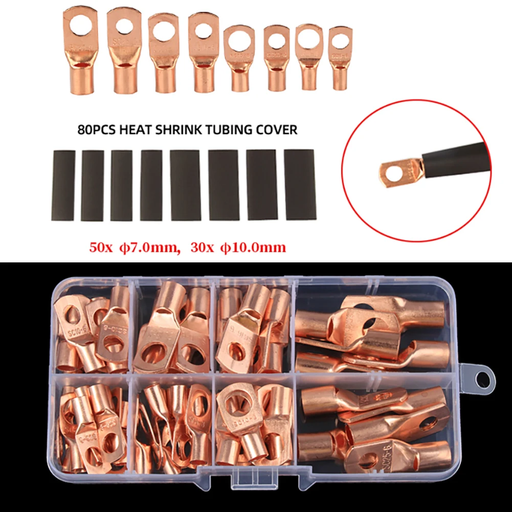

140PCS Copper Wire Lugs with Heat Shrink Set 60Pcs SC Ring Terminal Bare Connectors 80Pcs Heat Shrink Tubing with Storage Case