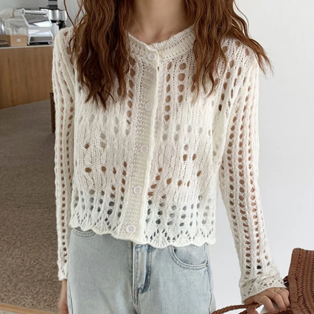 Осенний тонкий прозрачный однотонный белый свитер для девочек однобортный