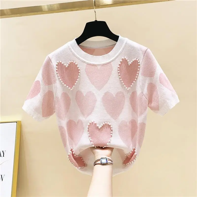 

Women 2021 Summer Knitting Pants 2 Piece Set Female Heart Shaped Beaded Short Sleeve Sweater Pullover Lace Up Trousers Suit V248