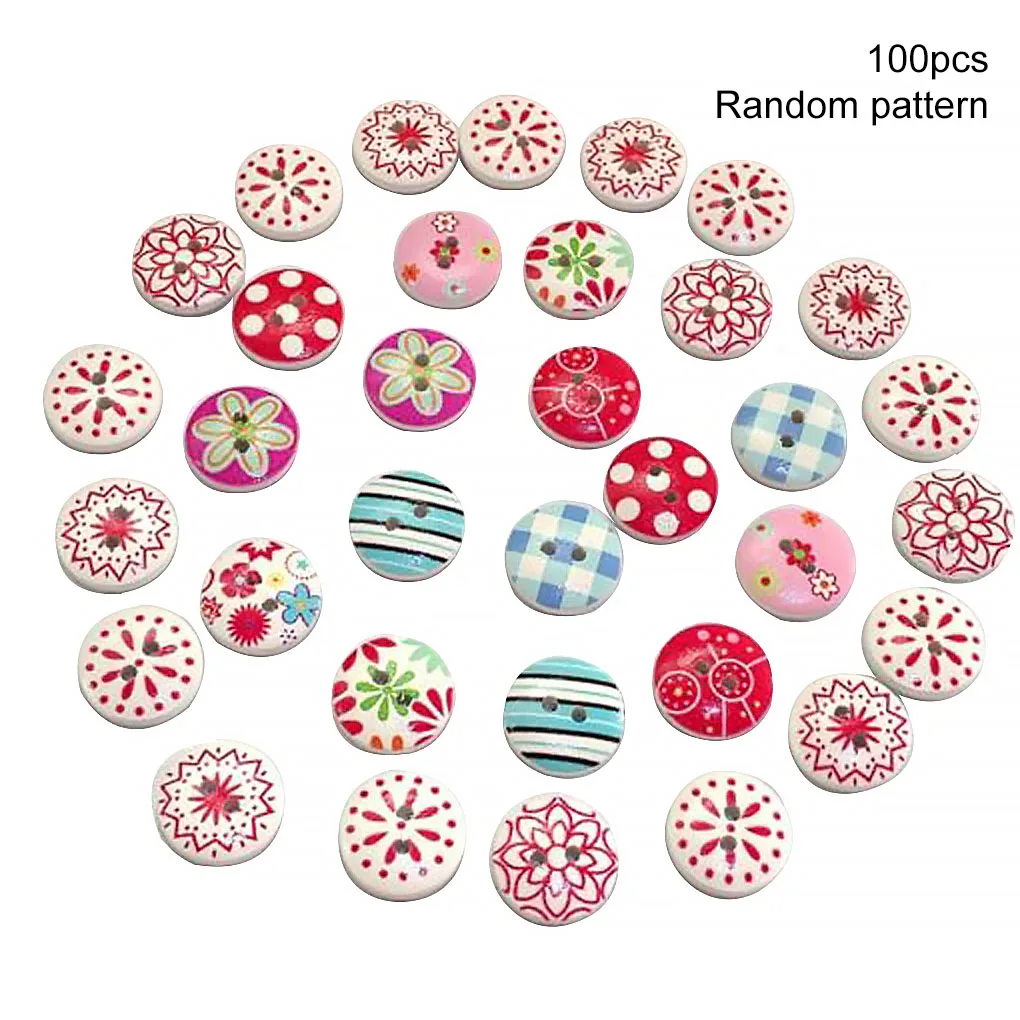 

100 шт., деревянные пуговицы с цветочным рисунком