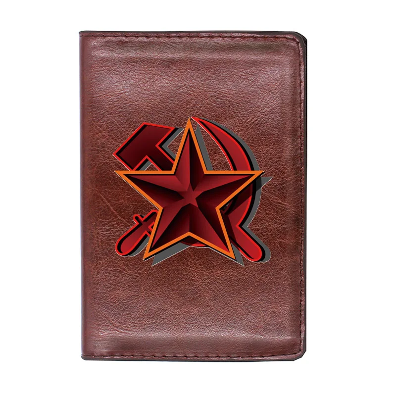 

Classic USSR Red Sickle Hammer Printing Passport Cover Holder ID Credit Card Case Travel Brown Leather Passport Wallet