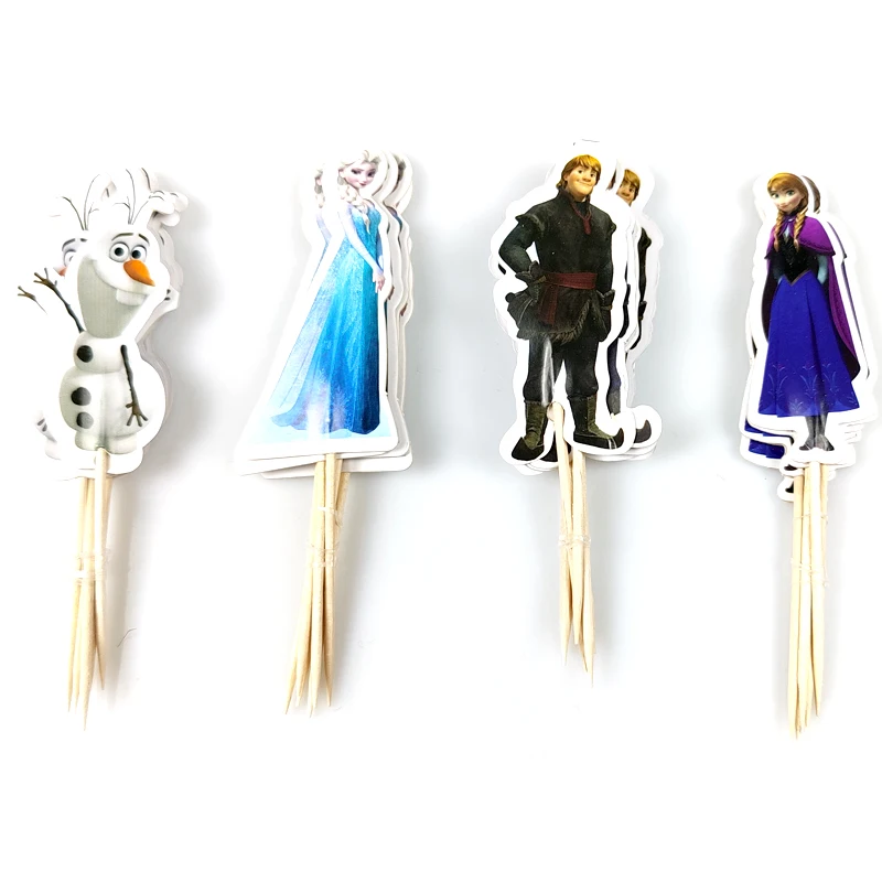 

24pcs/lot Baby Shower Kids Girls Favors Birthday Party Disney Frozen Theme Elsa Cupcake Toppers Decorate Cake Topper With Sticks