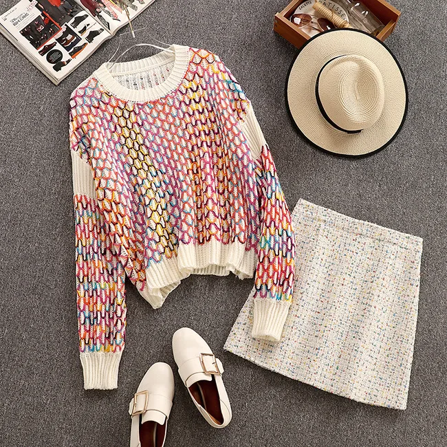 Женский твидовый костюм из двух предметов свободный свитер с круглым вырезом и