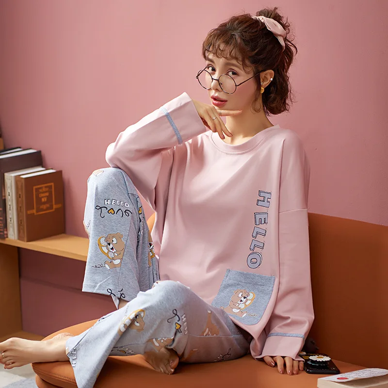 SOUGEN Women Pajamas Set Autumn Sleepwear New Cartoon Printed Long Sleeve Cute Sleepwear Casual Homewear Female Pajamas Night
