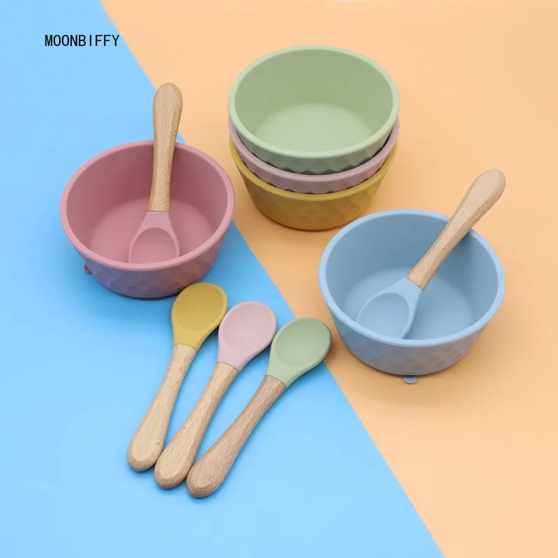 Vajilla de silicona de grado alimenticio para alimentaci&oacute;n de ni&ntilde;os, juego de vajilla de 2 piezas, taz&oacute;n de silicona para beb&eacute;, cuchara, ventosa, taz&oacute;n de silicona-2