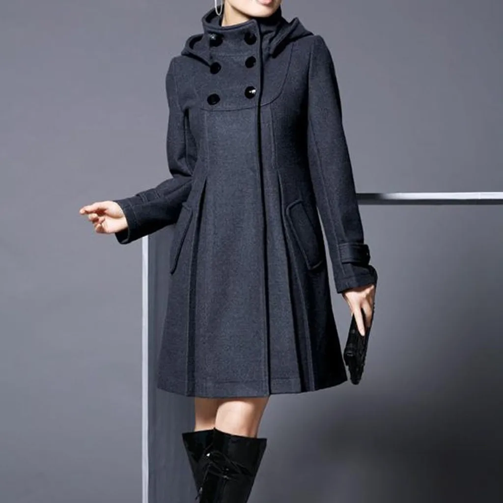 

Solid Color Hoodie Trench Coat for Women Winter Hooded Solid Color Double-breasted Pockets Long Cloak Windbreaker Outwear